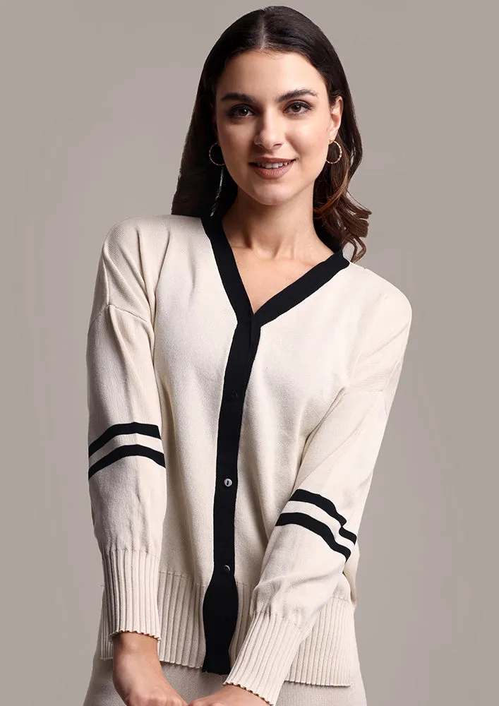 Off-White Striped Two-Piece Woolen Set with Button Closure