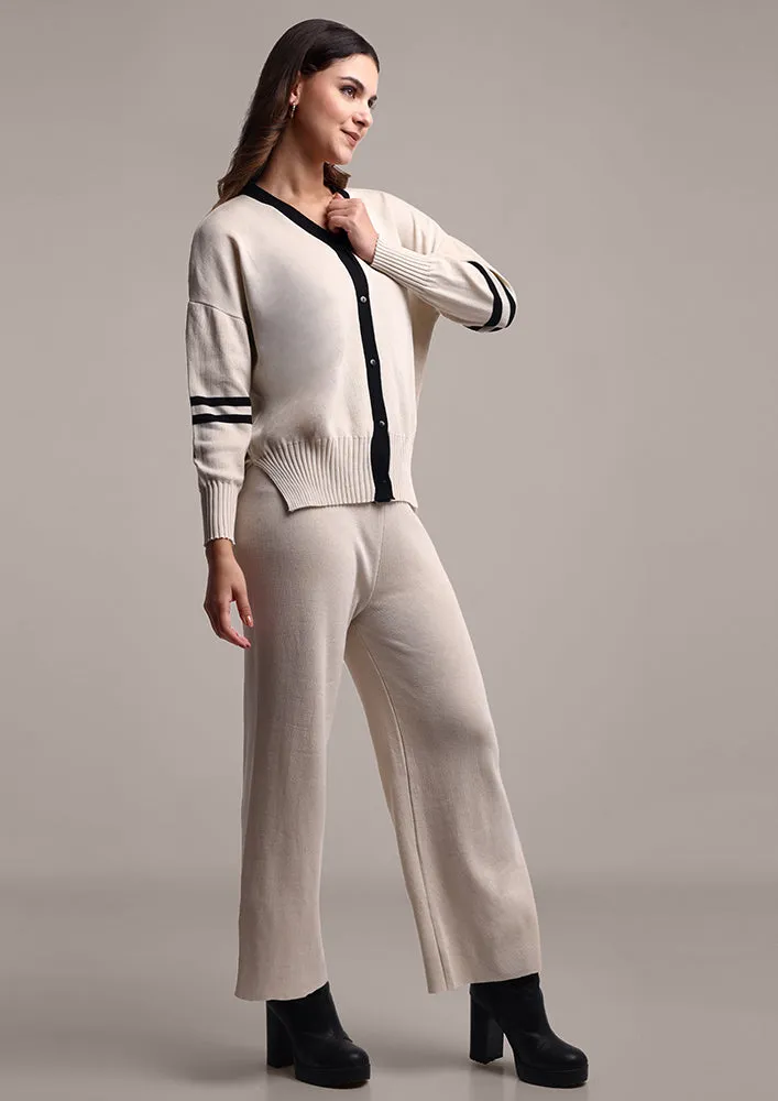Off-White Striped Two-Piece Woolen Set with Button Closure