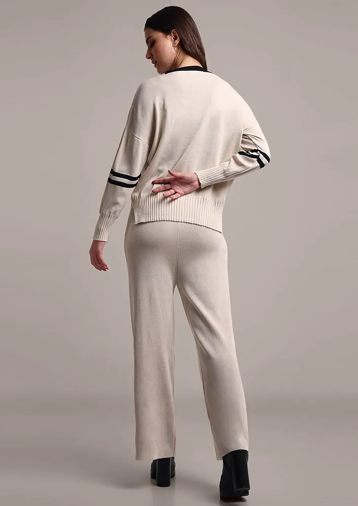Off-White Striped Two-Piece Woolen Set with Button Closure