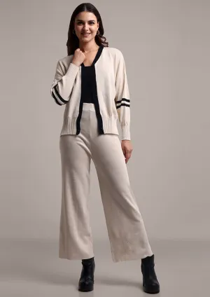 Off-White Striped Two-Piece Woolen Set with Button Closure