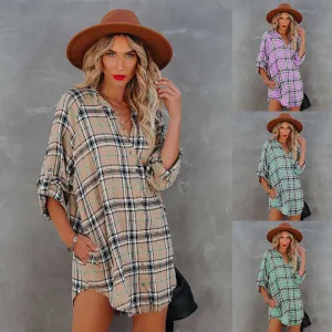 Oversized Flannel Mini Dress Style Shirt with Three Quarter Length Sleeves