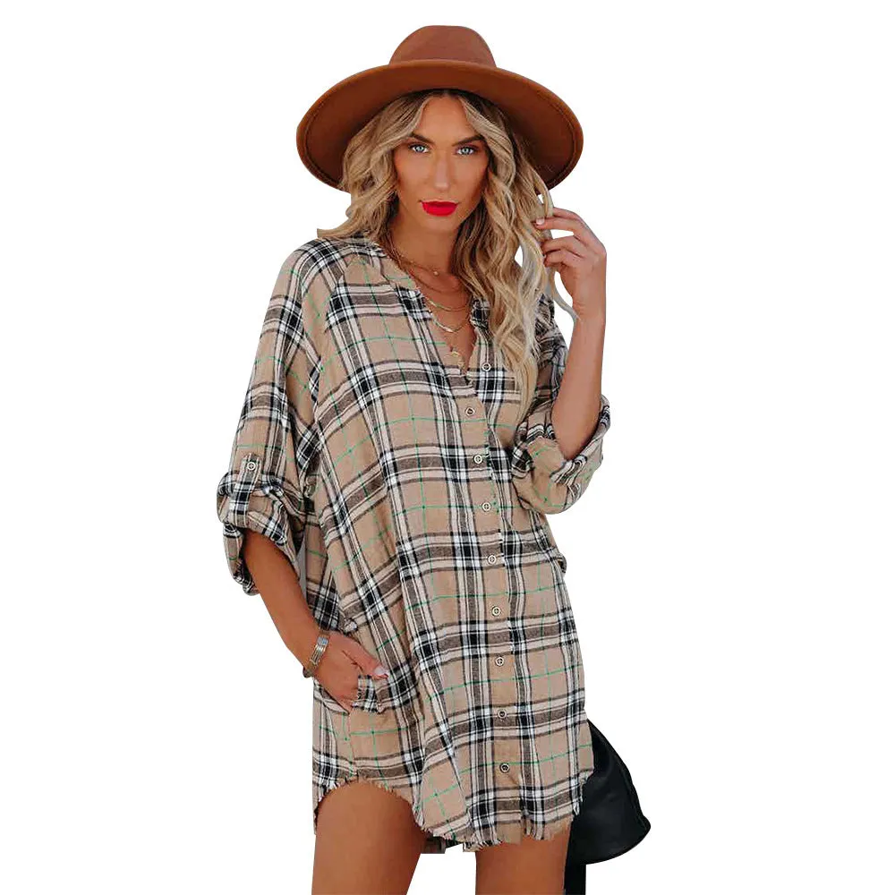 Oversized Flannel Mini Dress Style Shirt with Three Quarter Length Sleeves