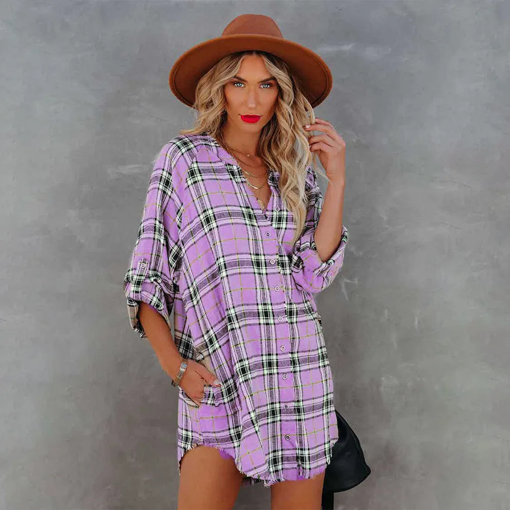 Oversized Flannel Mini Dress Style Shirt with Three Quarter Length Sleeves