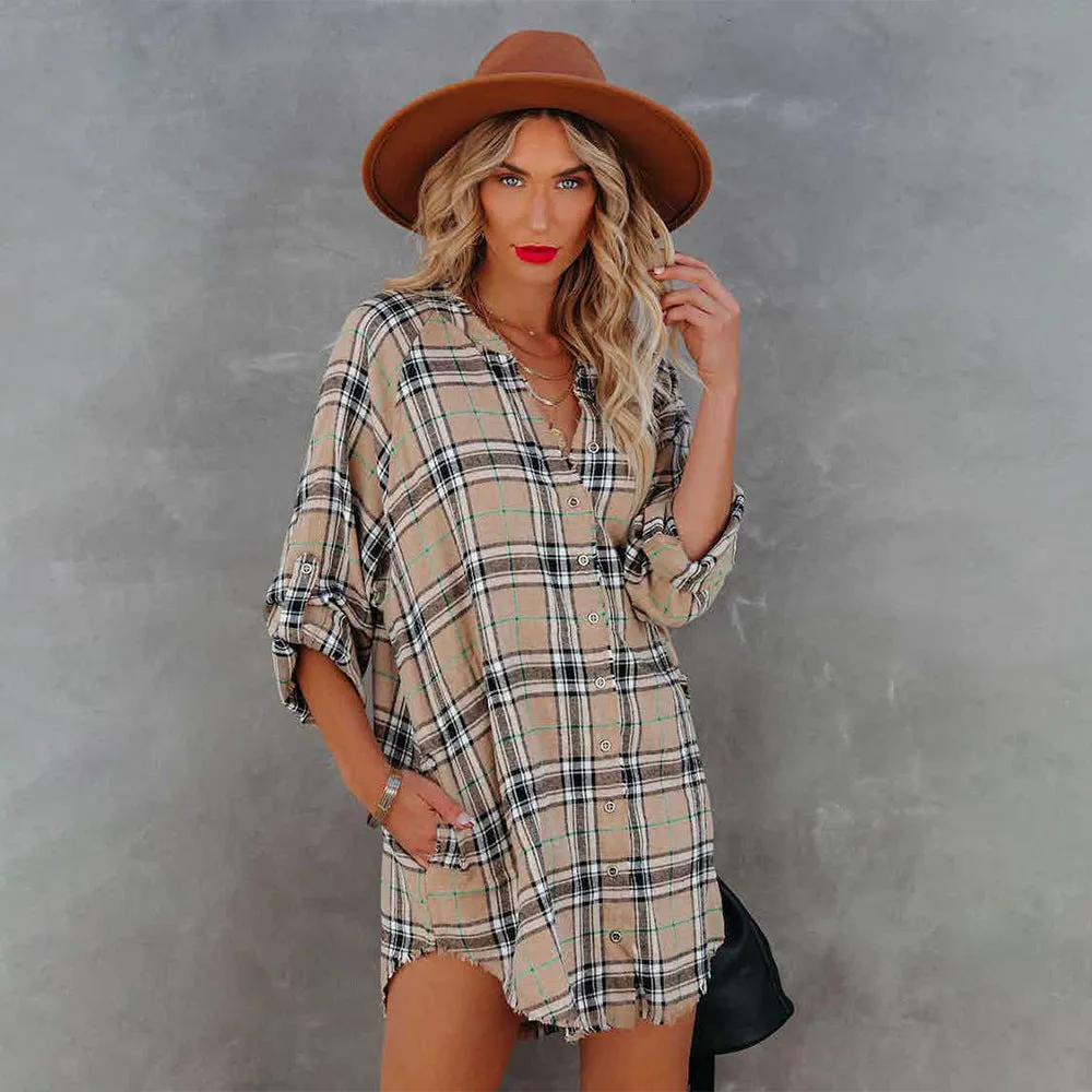 Oversized Flannel Mini Dress Style Shirt with Three Quarter Length Sleeves