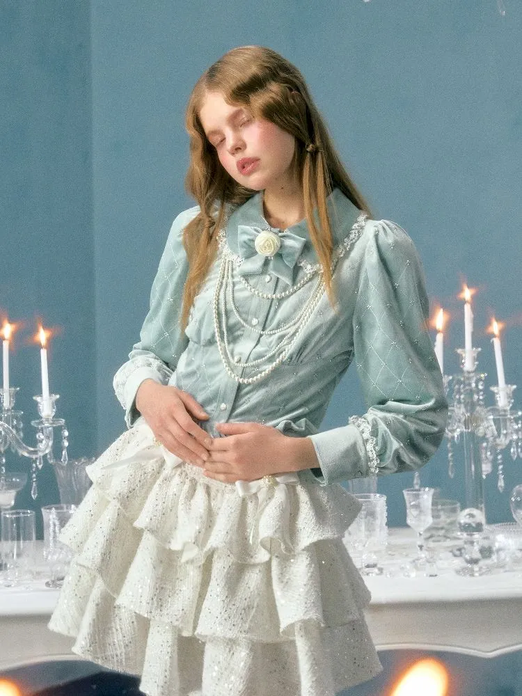 pearl bow woolen cake skirt