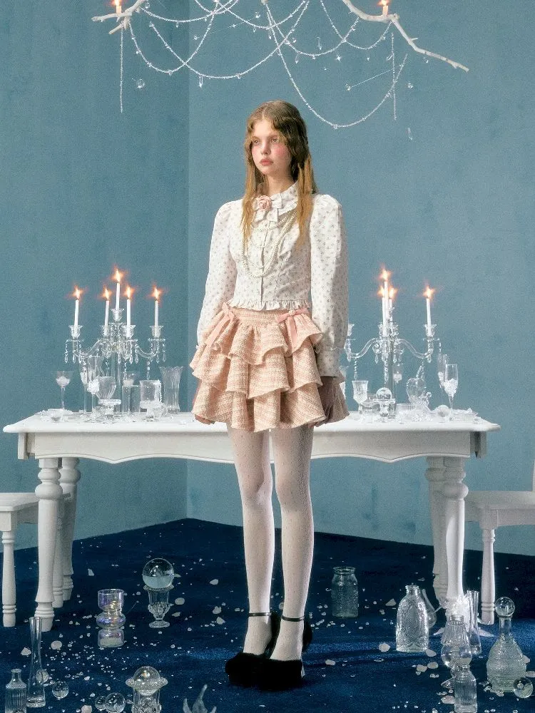 pearl bow woolen cake skirt