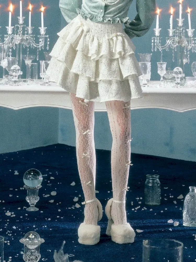 pearl bow woolen cake skirt