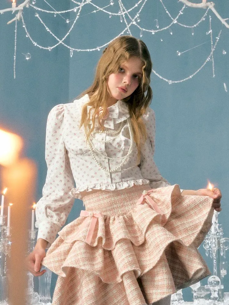 pearl bow woolen cake skirt