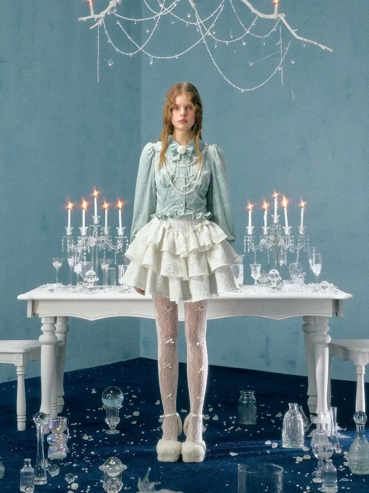 pearl bow woolen cake skirt