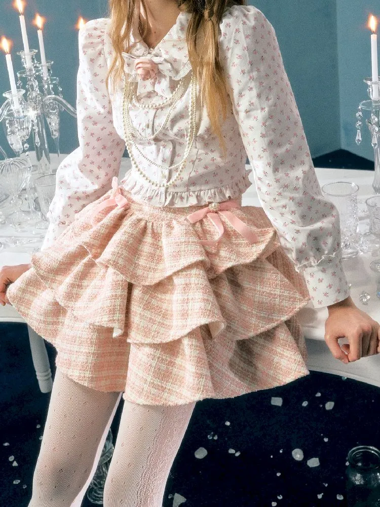 pearl bow woolen cake skirt