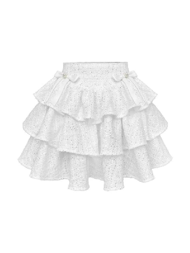 pearl bow woolen cake skirt