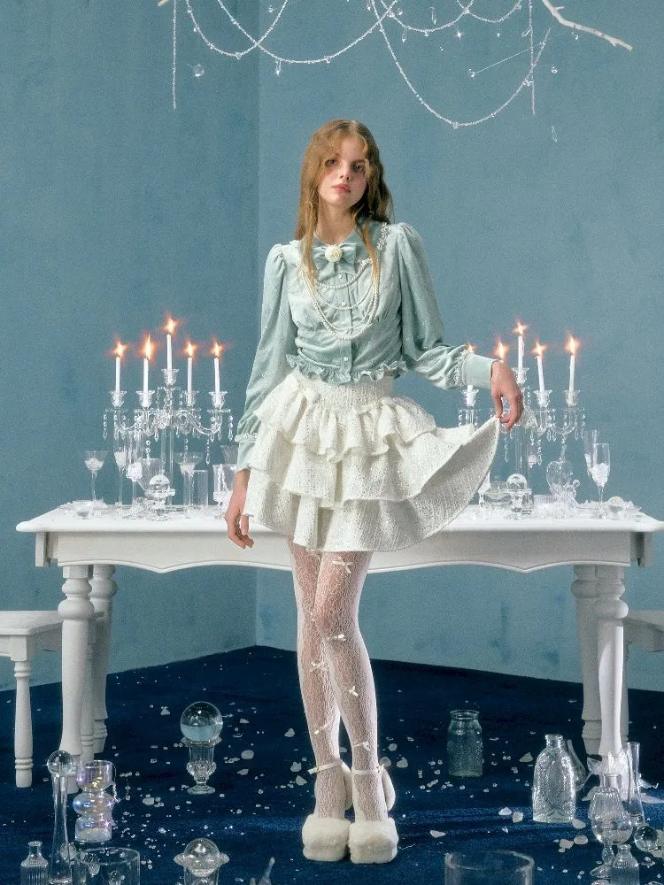 pearl bow woolen cake skirt