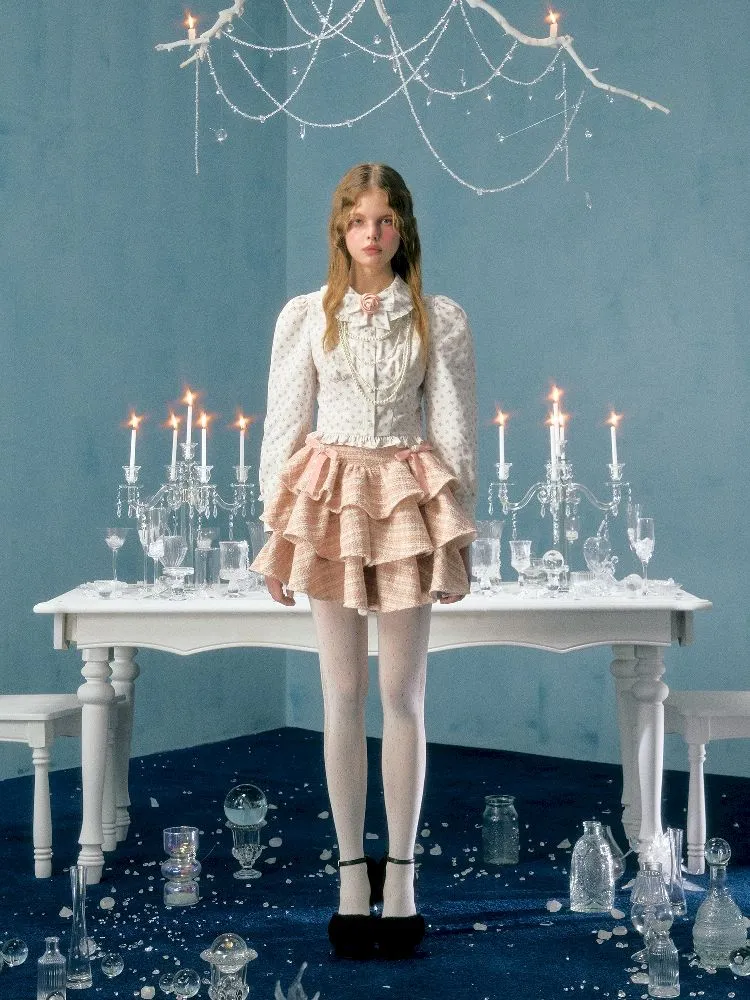 pearl bow woolen cake skirt