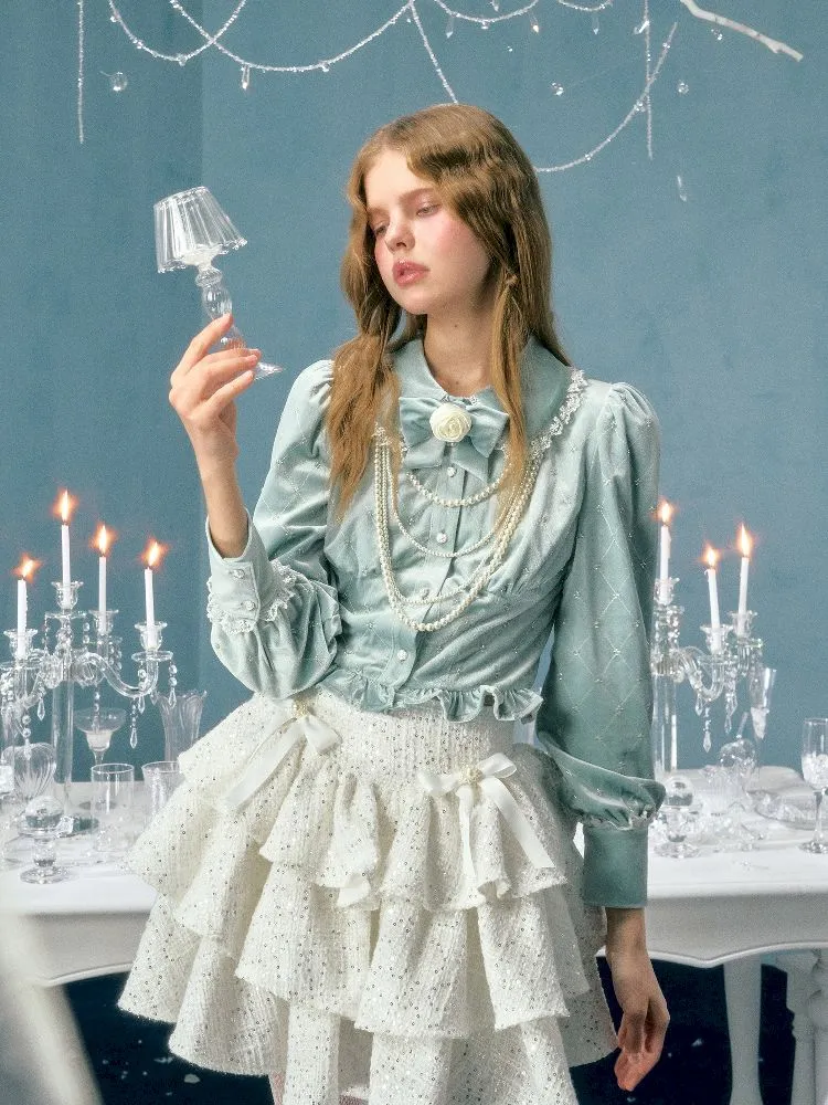 pearl bow woolen cake skirt