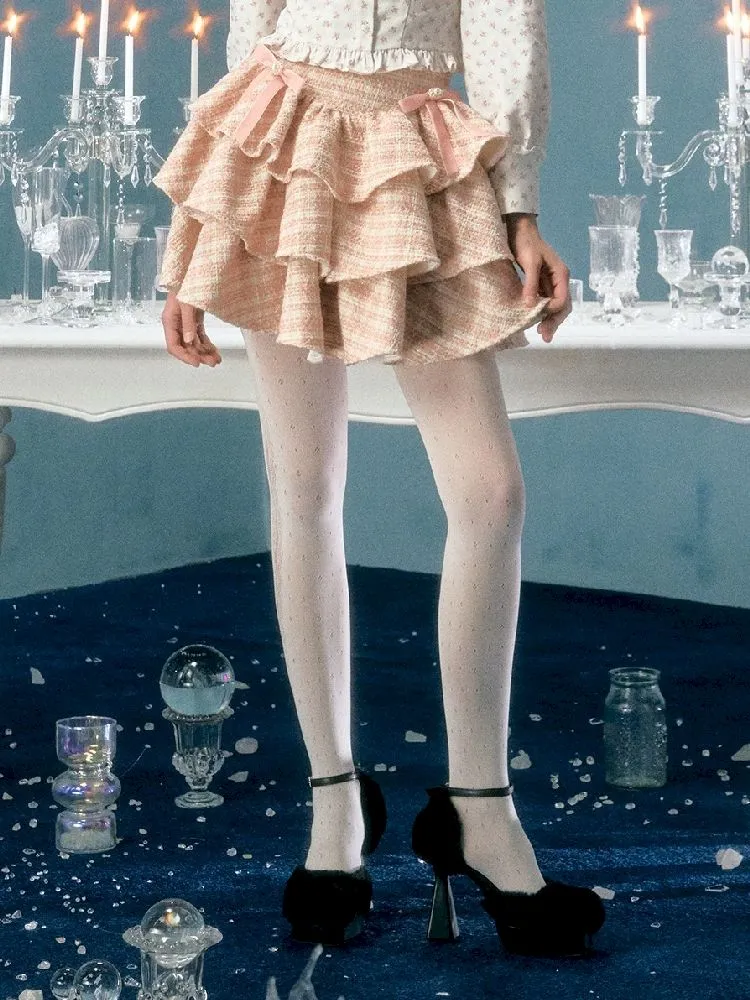 pearl bow woolen cake skirt