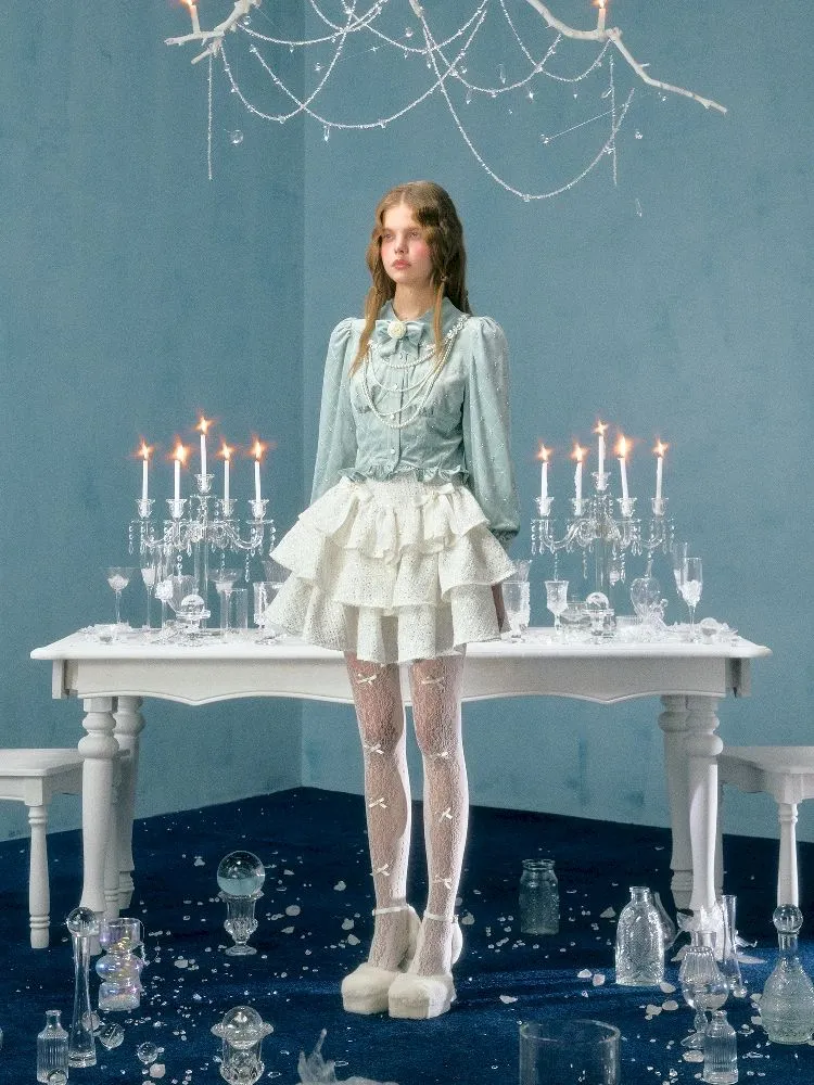 pearl bow woolen cake skirt