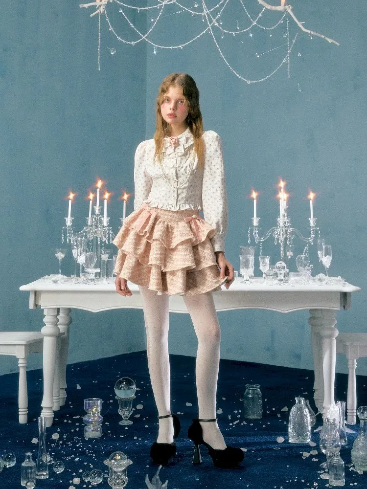 pearl bow woolen cake skirt