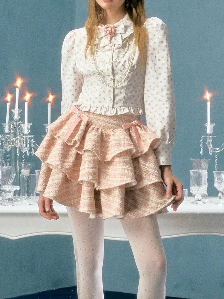 pearl bow woolen cake skirt