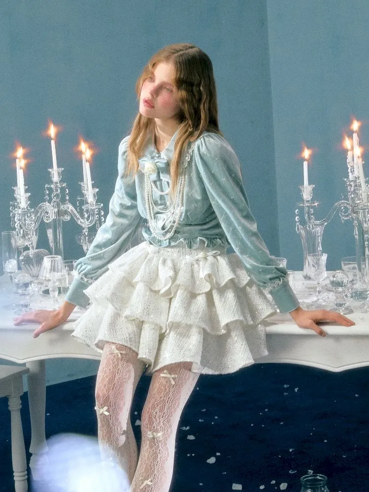 pearl bow woolen cake skirt