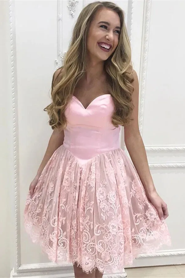 Pink A-line Sweetheart Strapless Homecoming Dresses With Lace Appliques, MH572