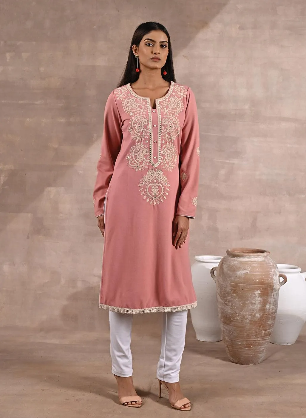Pink Woolen Kurta with Fine Embroidery