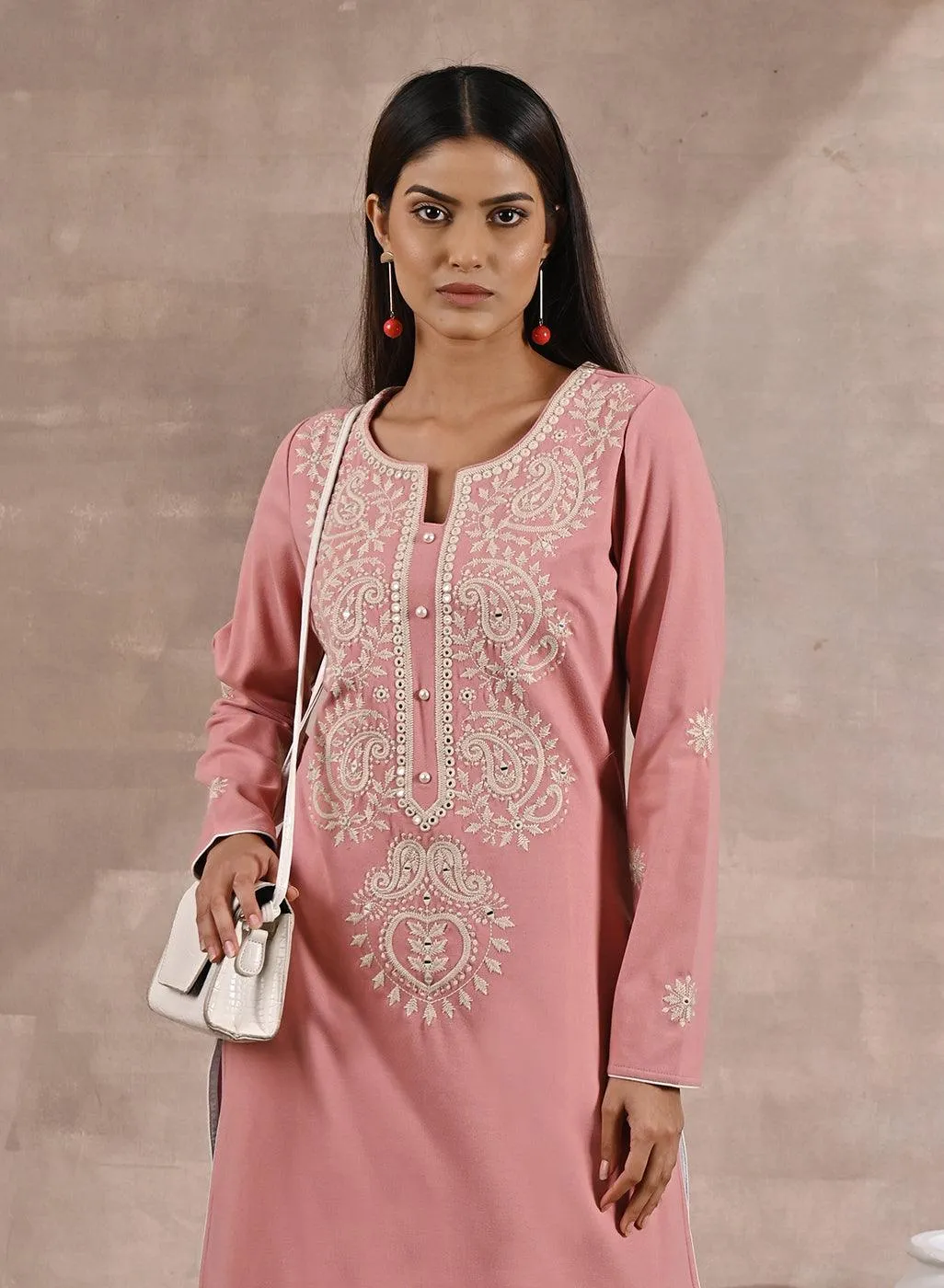 Pink Woolen Kurta with Fine Embroidery