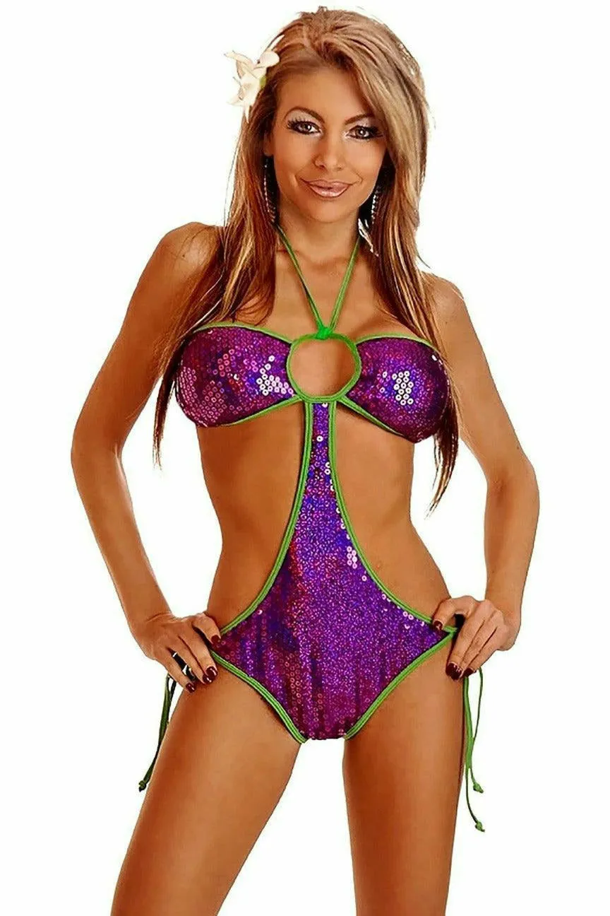 Purple Sequin Pucker Back Monokini