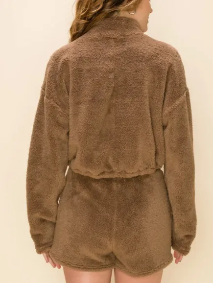 Quarter Zip Crop Teddy Toggle Drawstring Sweatshirt