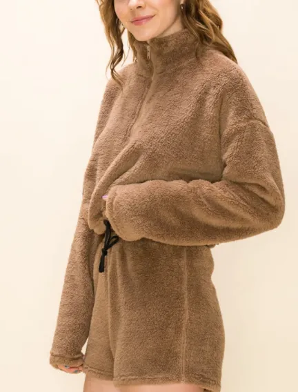 Quarter Zip Crop Teddy Toggle Drawstring Sweatshirt