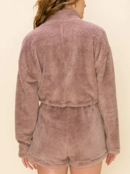 Quarter Zip Crop Teddy Toggle Drawstring Sweatshirt