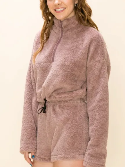 Quarter Zip Crop Teddy Toggle Drawstring Sweatshirt