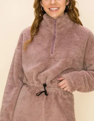 Quarter Zip Crop Teddy Toggle Drawstring Sweatshirt