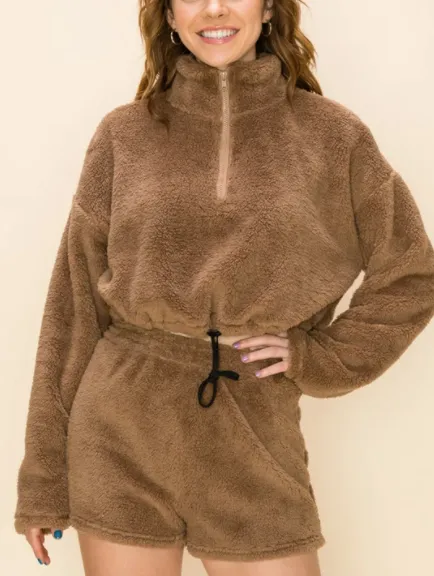 Quarter Zip Crop Teddy Toggle Drawstring Sweatshirt