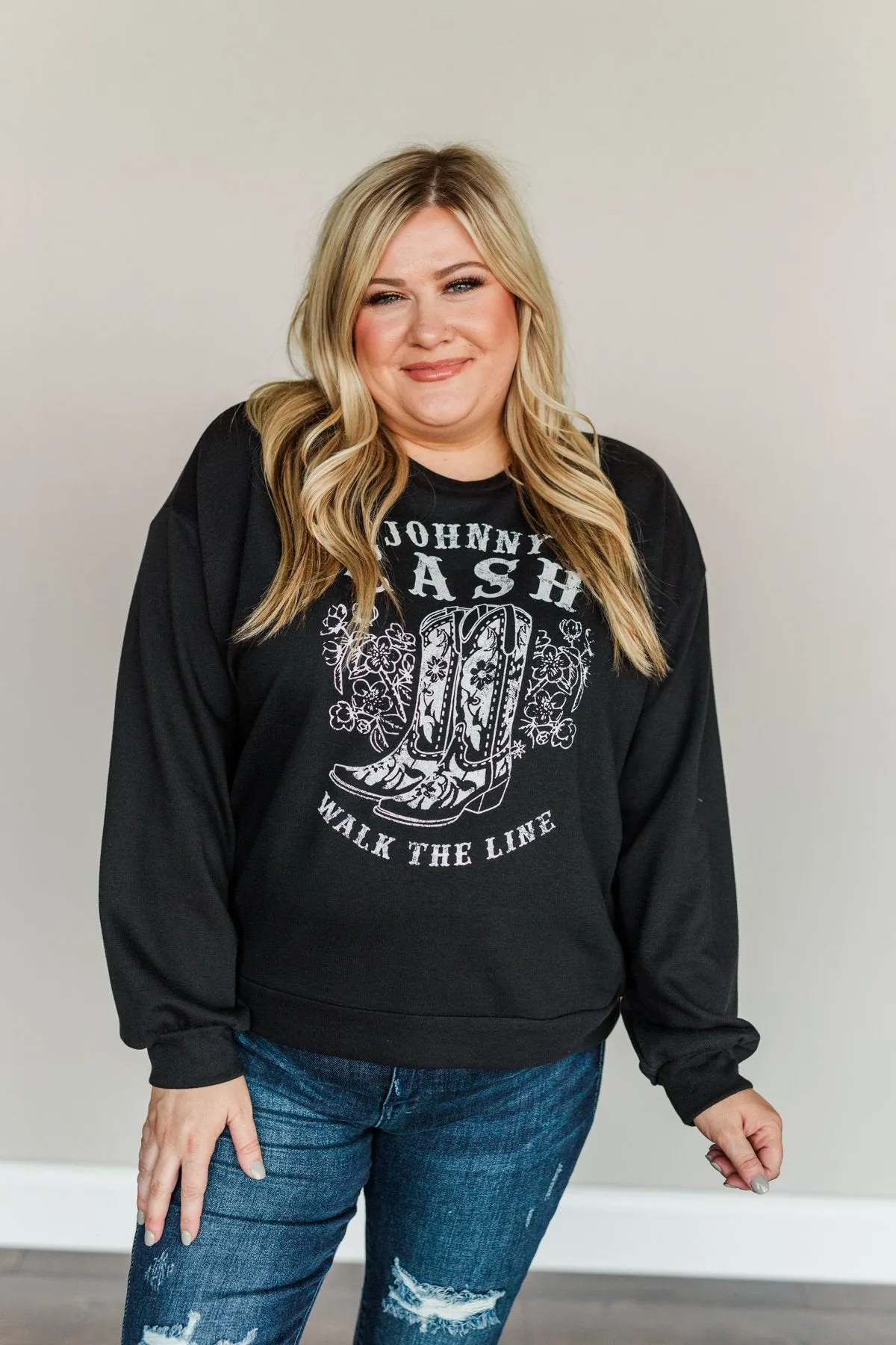 "Johnny Cash Walk The Line" Graphic Pullover- Black