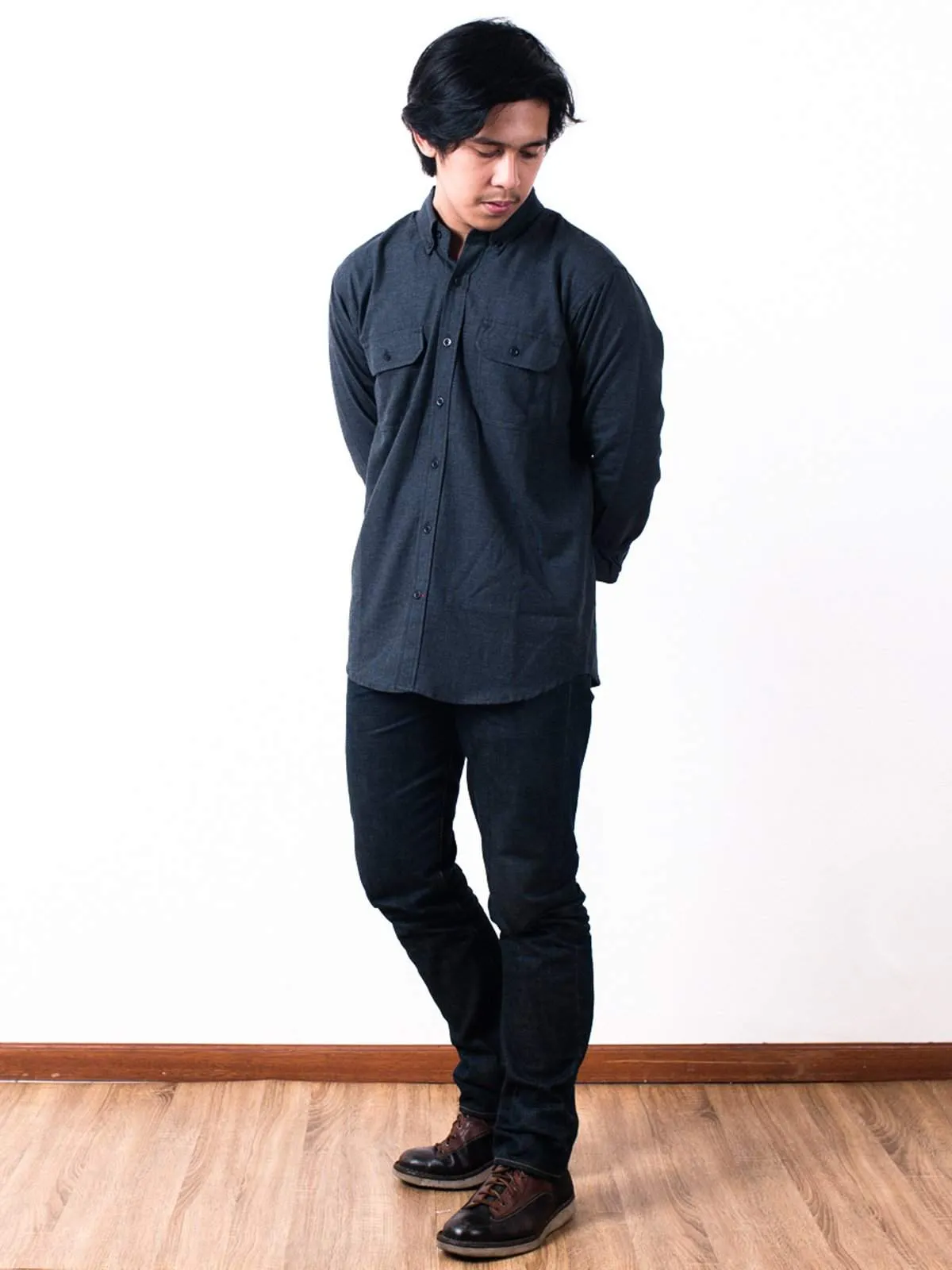 Qutn Button Down LS DP Black Flannel Shirt