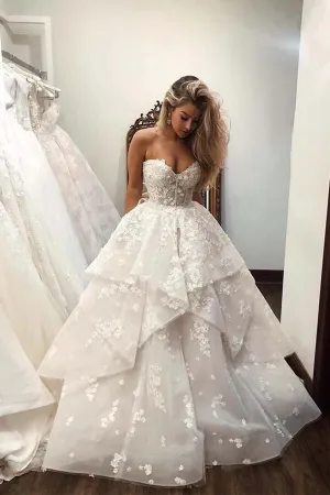 Roycebridal Ivory Tulle Ball Gown Strapless Sweetheart Wedding Dresses With Flowers, MW643