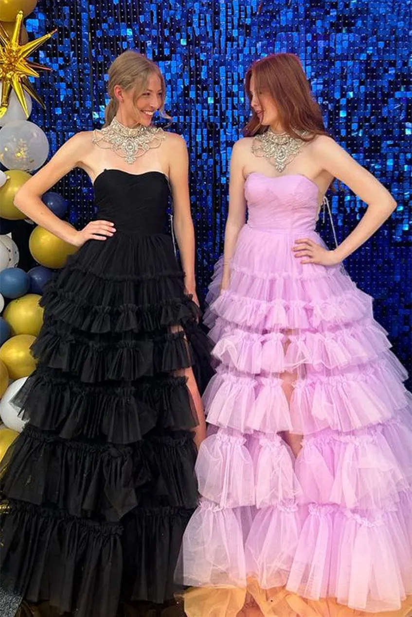 Roycebridal Linda |A-line Multi Tiered Strapless Tulle Prom Dress with Slit