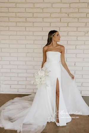 Roycebridal Satin Ball Gown Beaded Strapless Simple Wedding Dress With Side Slit, MW928