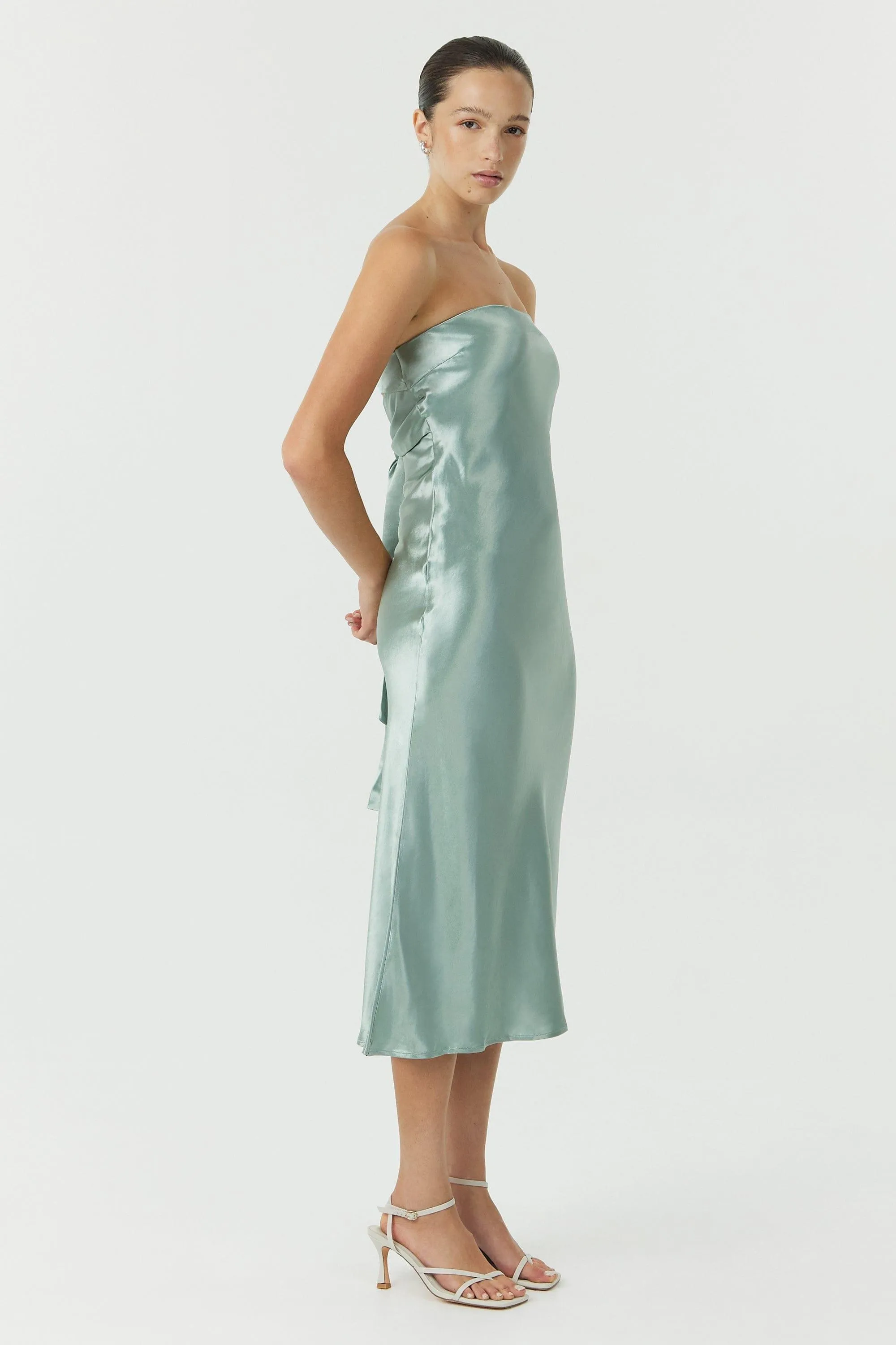 SATIN TIE BACK STRAPLESS MIDI | WAVE