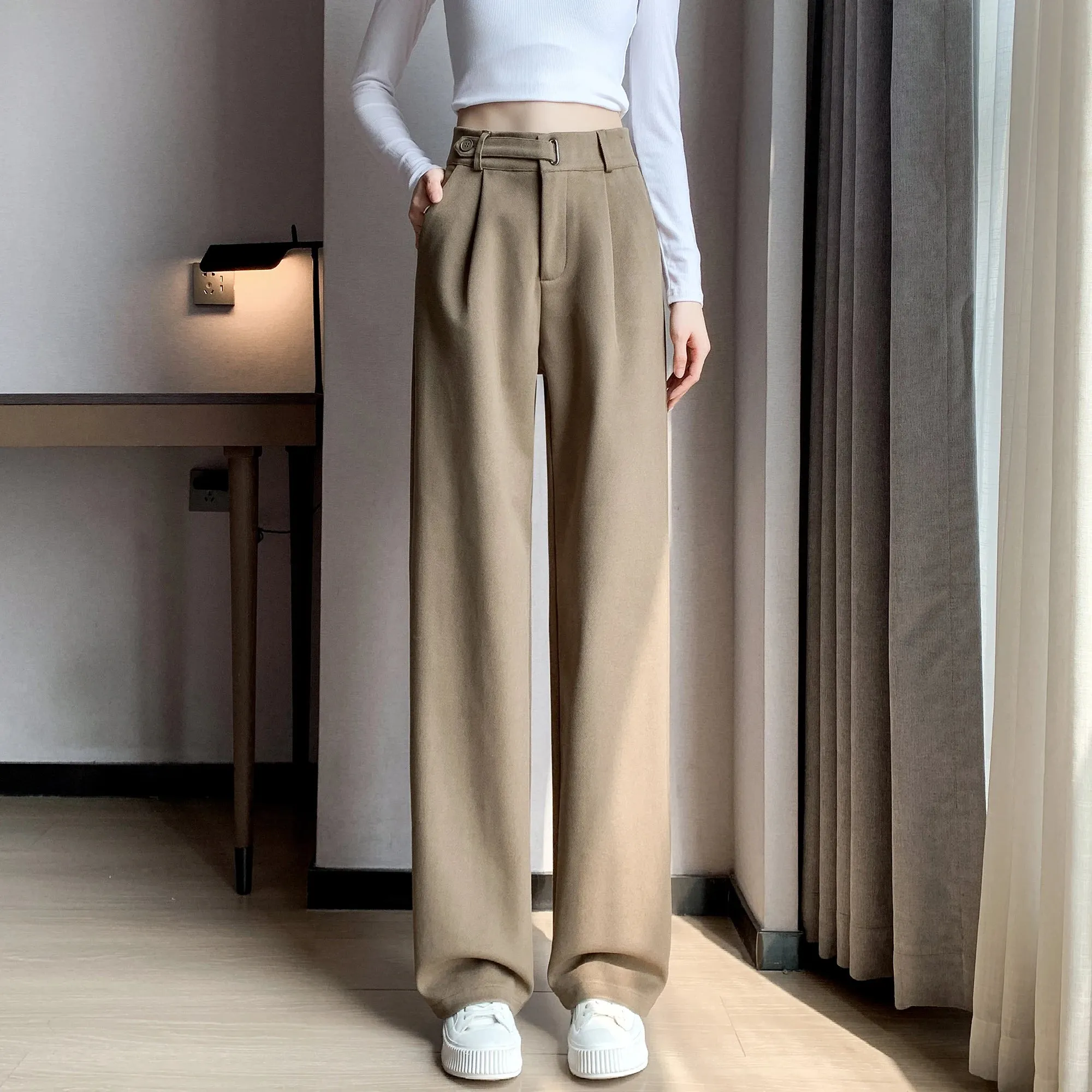 Seoulish Autumn Winter Thicken Woolen Casual Loose Full Length Pants New Button High Waist Chic Wide Leg Trousers Female