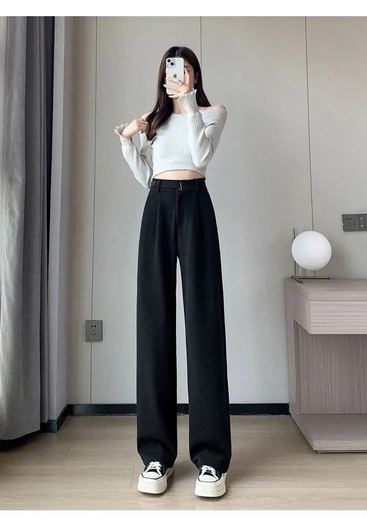 Seoulish Autumn Winter Thicken Woolen Casual Loose Full Length Pants New Button High Waist Chic Wide Leg Trousers Female
