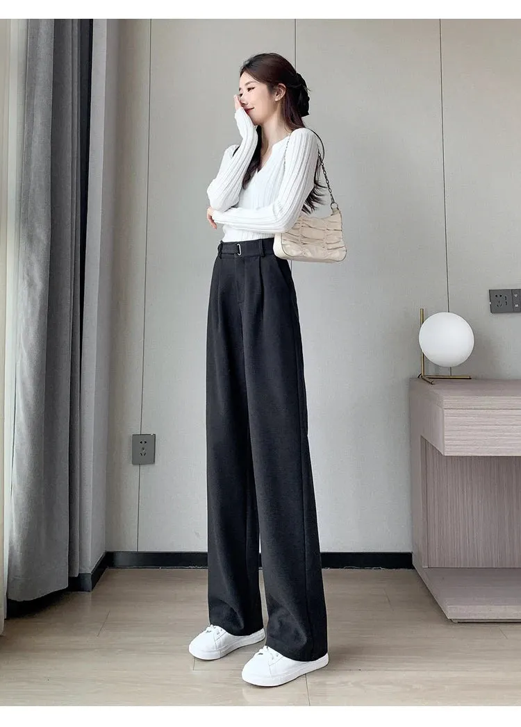 Seoulish Autumn Winter Thicken Woolen Casual Loose Full Length Pants New Button High Waist Chic Wide Leg Trousers Female