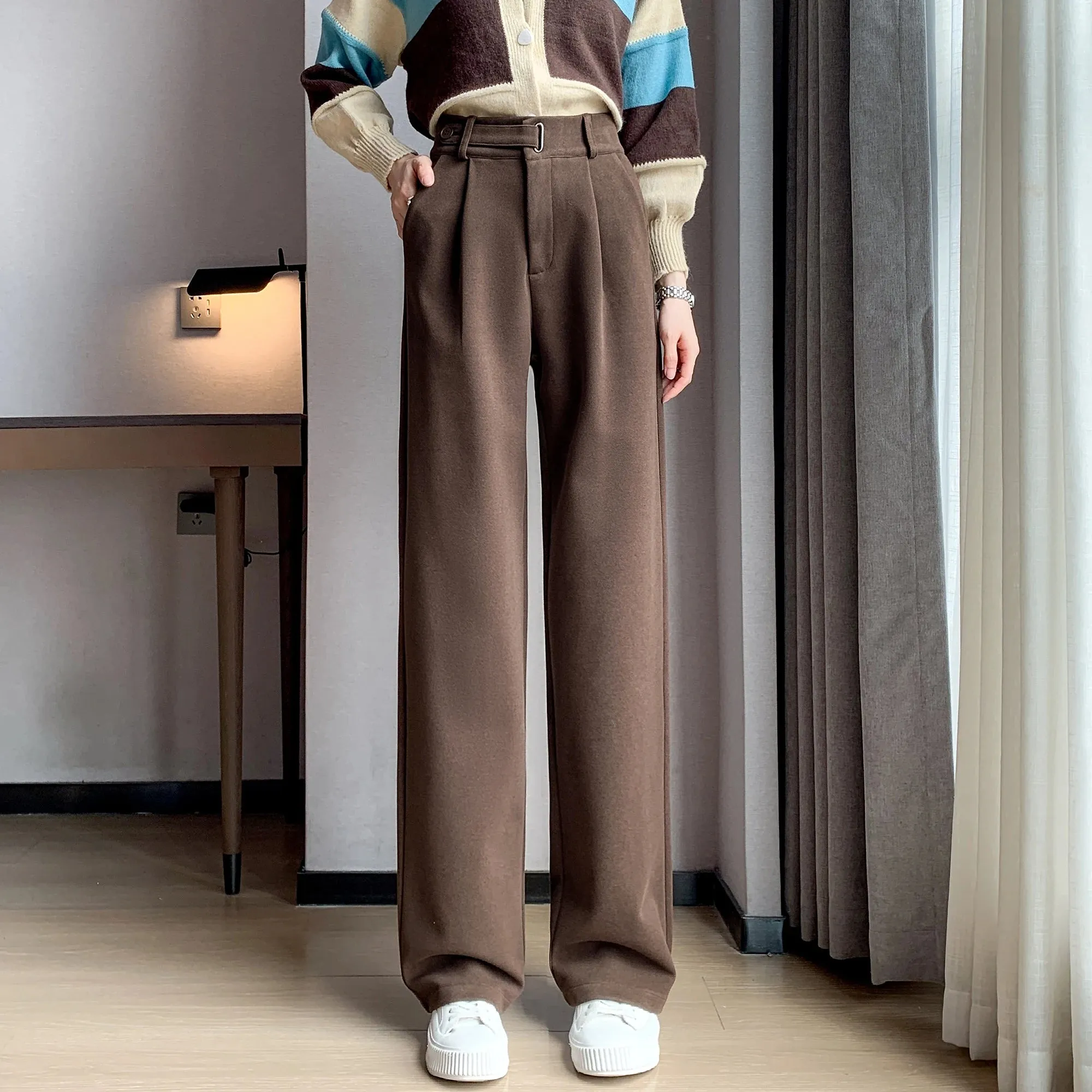 Seoulish Autumn Winter Thicken Woolen Casual Loose Full Length Pants New Button High Waist Chic Wide Leg Trousers Female