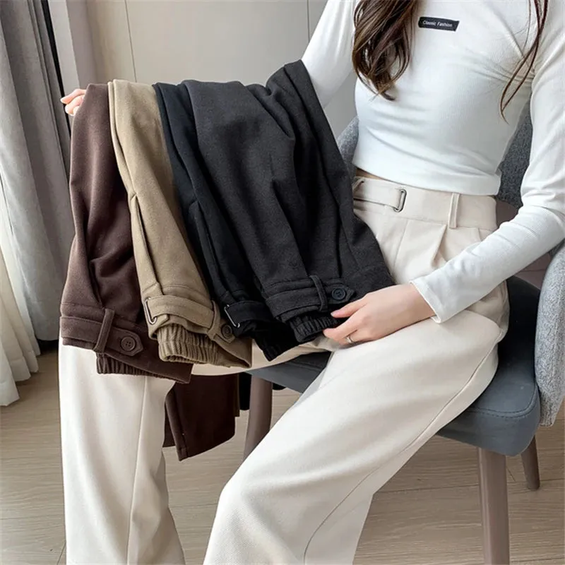 Seoulish Autumn Winter Thicken Woolen Casual Loose Full Length Pants New Button High Waist Chic Wide Leg Trousers Female