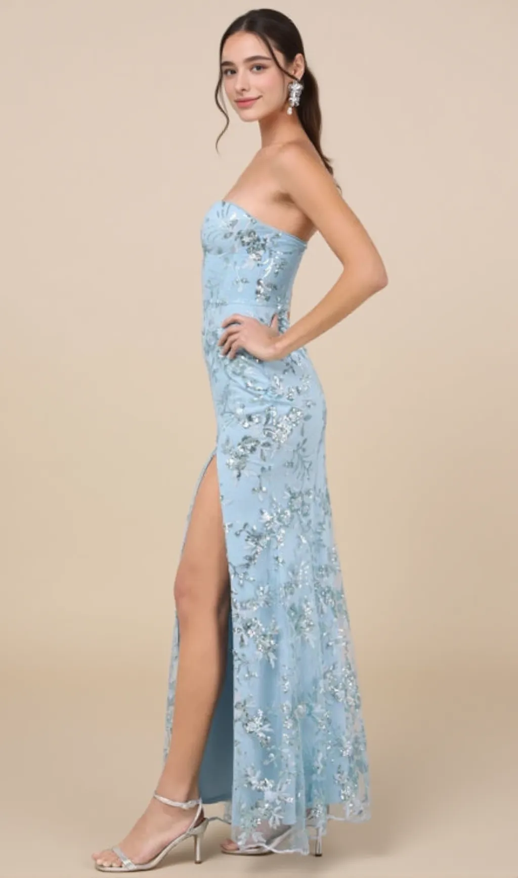Sequin print Strapless Bustier Maxi Dress in blue