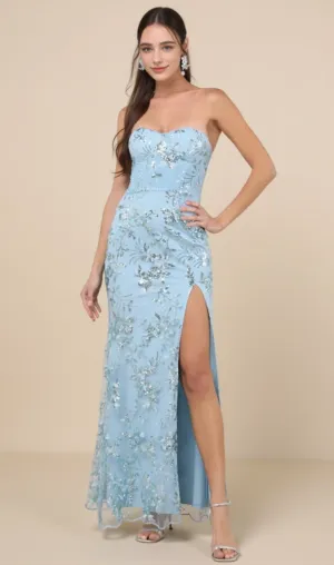 Sequin print Strapless Bustier Maxi Dress in blue