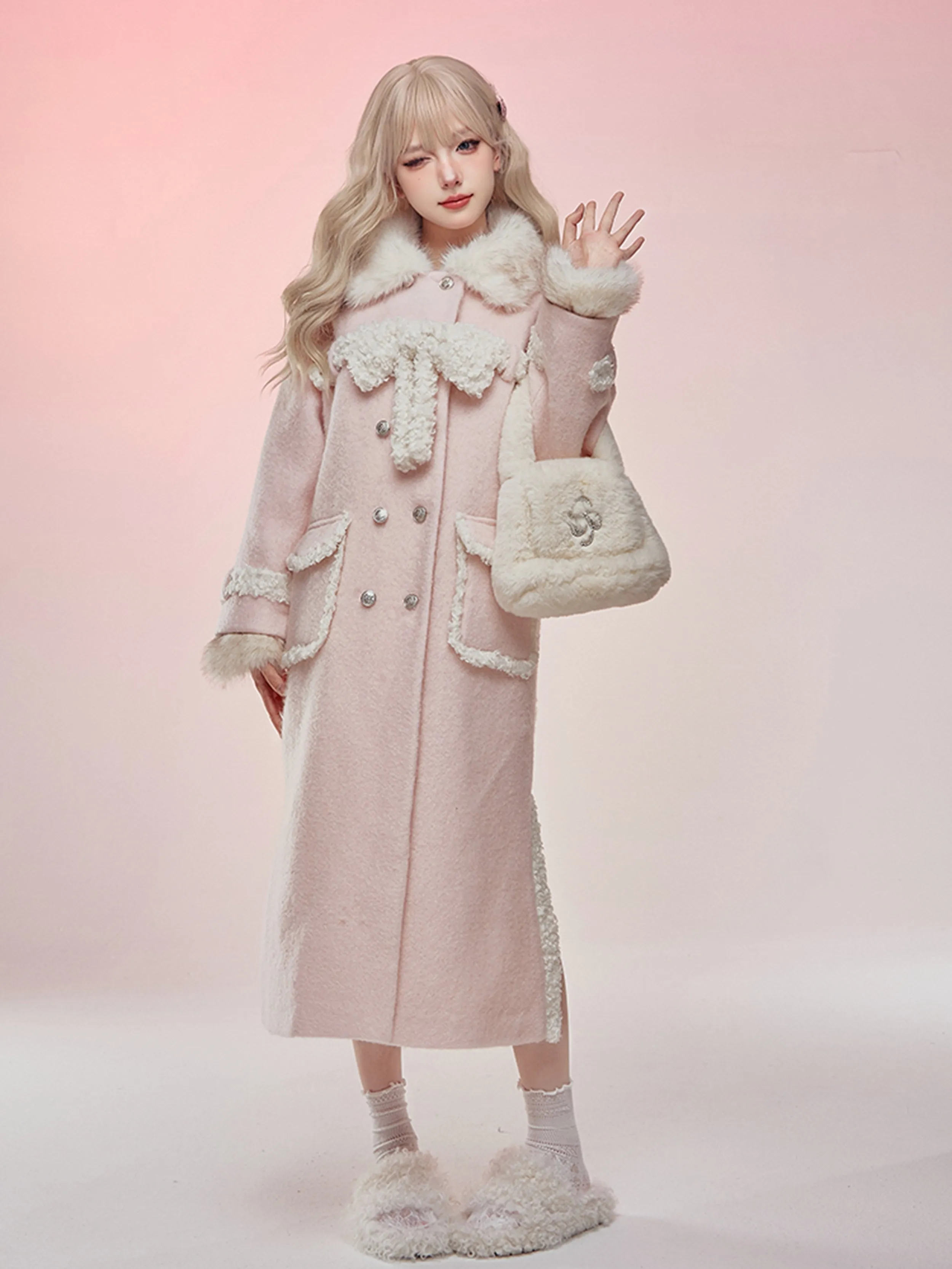 Serendipity Winter Pink Plush Long Woolen Coat & Mini Skirt Two Piece Set