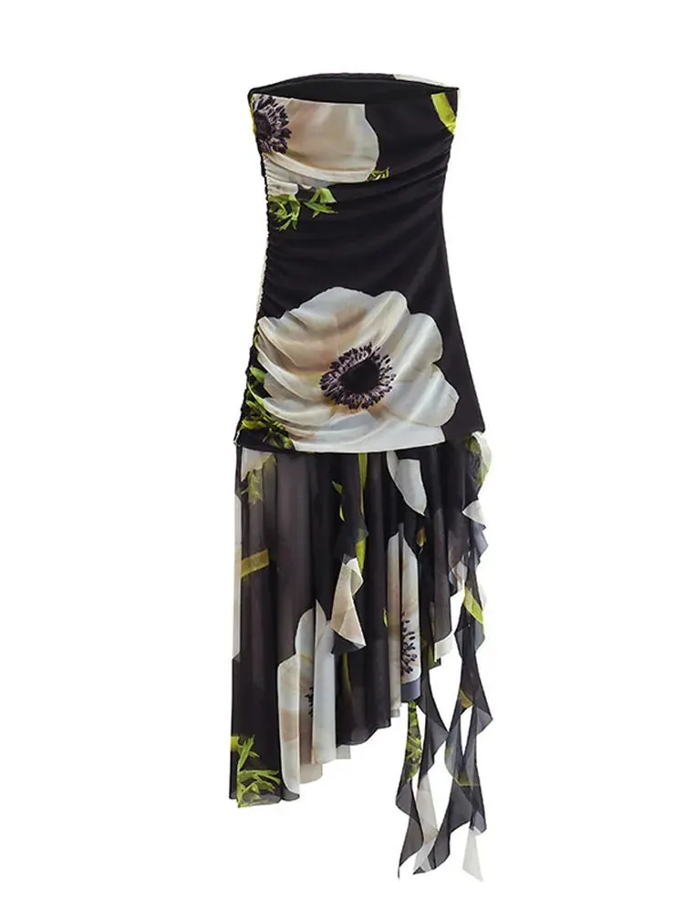 Sexy Tulle Bodycon Tube Top Dress For Women Print Off Shoulder Corset Dresses Asymmetric Backless Ruched Long Dress