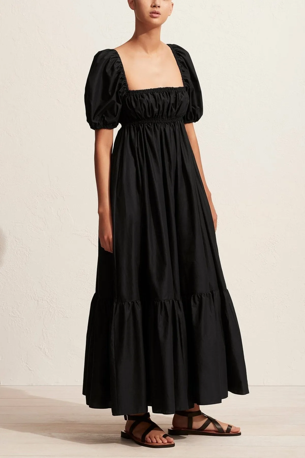 Shirred Peasant Dress in Black