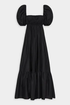 Shirred Peasant Dress in Black